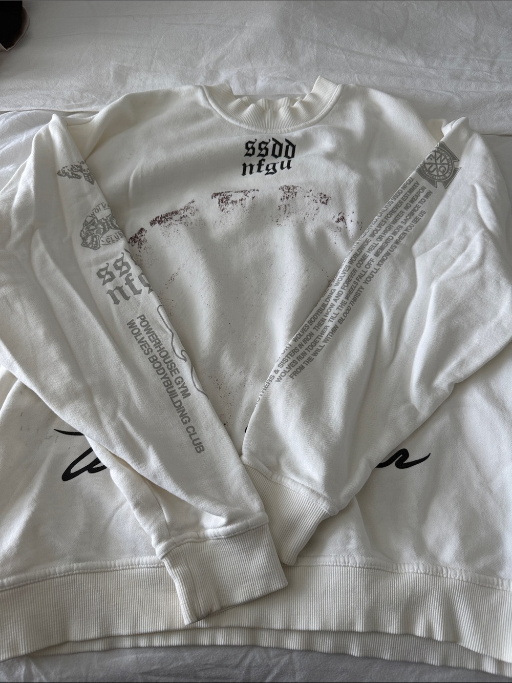 Darc Sport White Crewneck Sweatshirt with Black Graphic and Sleeve Text